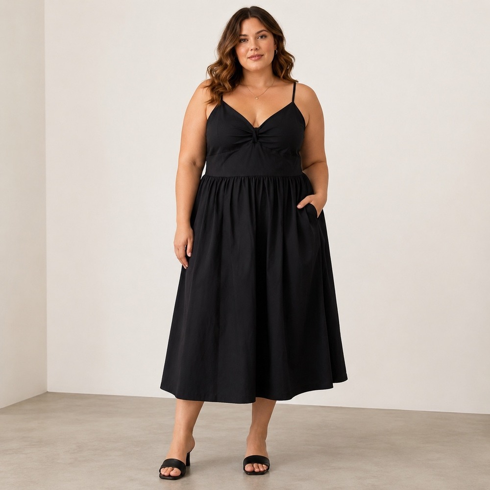 A New Day Sundress Womens Size 2X Black Fit Flare Midi Adjustable Straps Classic